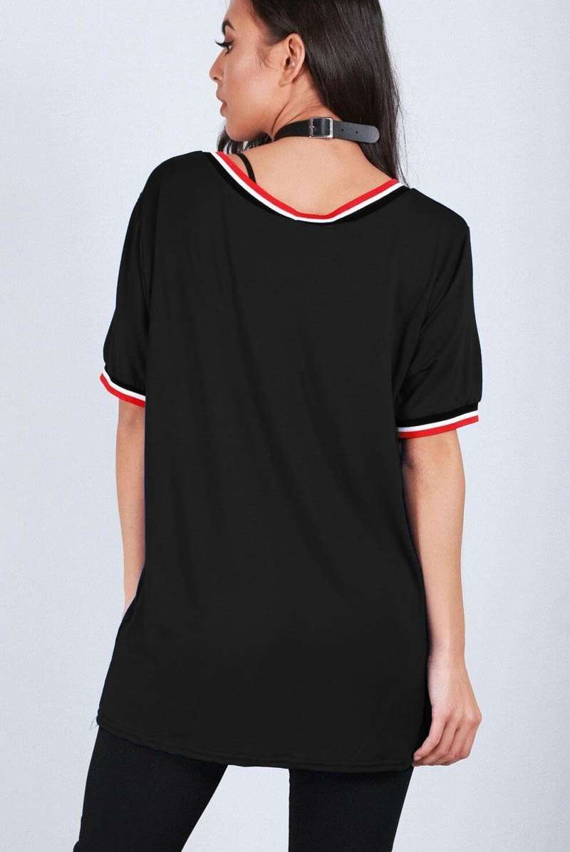 Black Vneck Sporty Striped Oversized Tshirt - bejealous-com