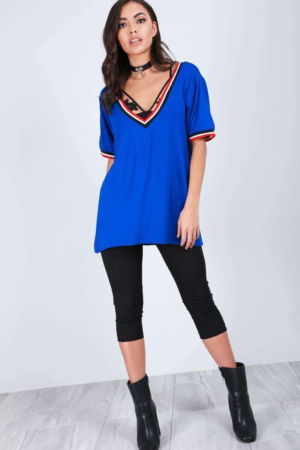 Black Vneck Sporty Striped Oversized Tshirt - bejealous-com