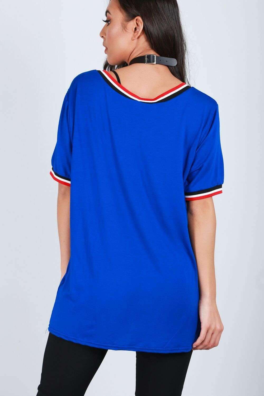 Black Vneck Sporty Striped Oversized Tshirt - bejealous-com
