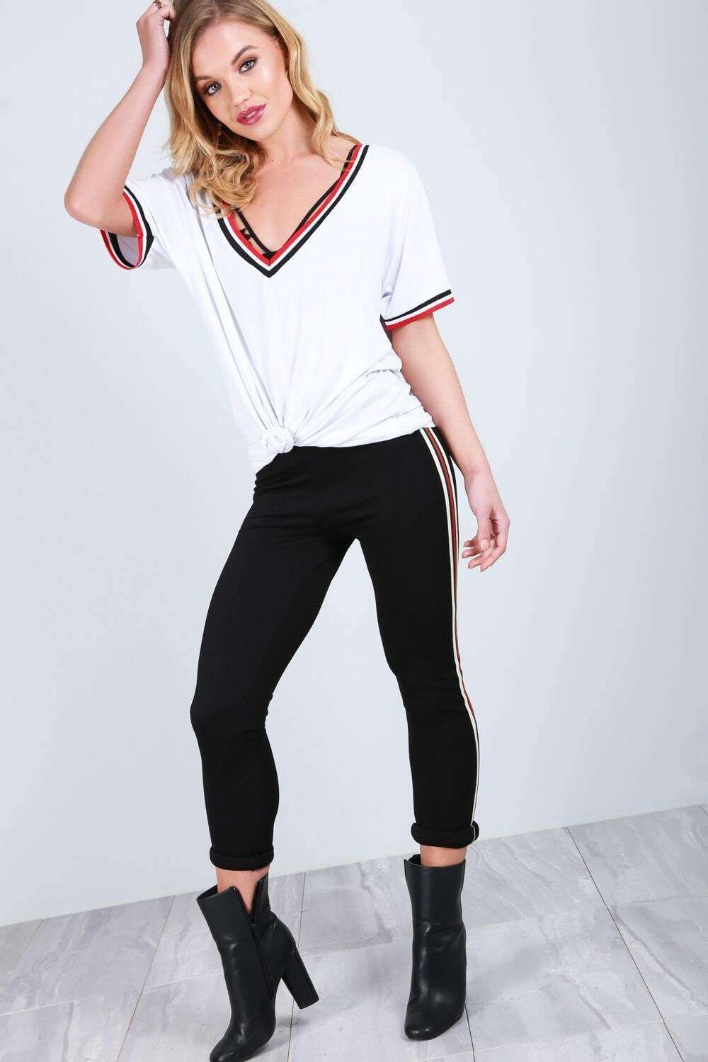 Black Vneck Sporty Striped Oversized Tshirt - bejealous-com