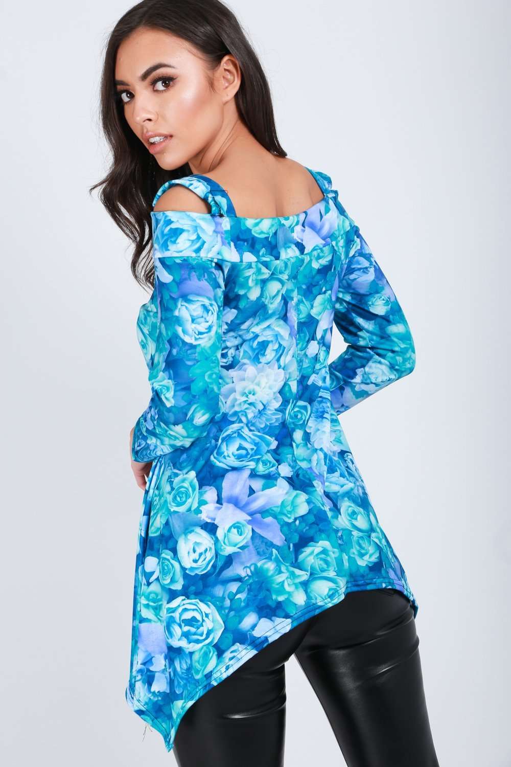 Blue Floral Hanky Hem Cold Shoulder Top - bejealous-com