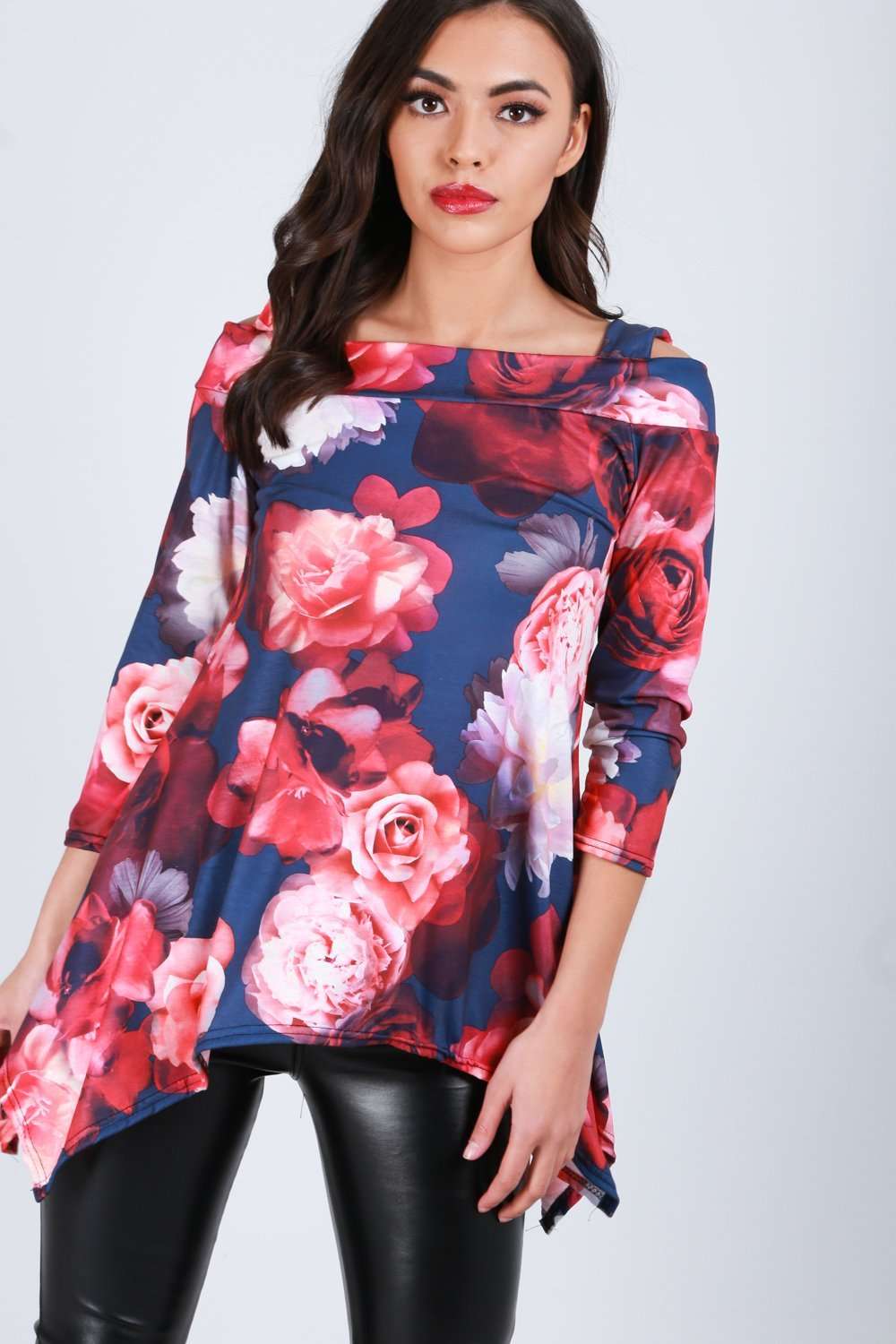 Blue Floral Hanky Hem Cold Shoulder Top - bejealous-com