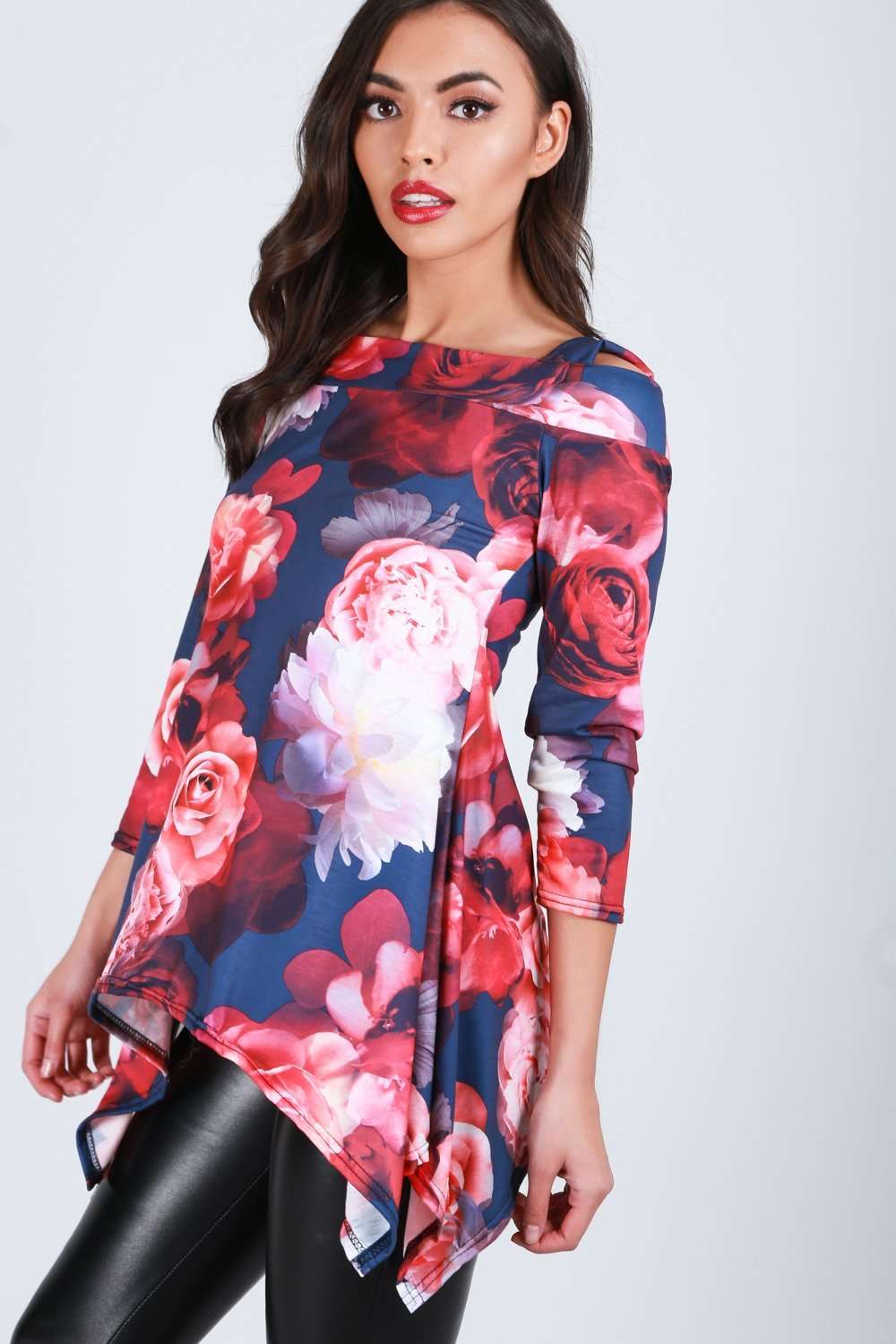 Blue Floral Hanky Hem Cold Shoulder Top - bejealous-com