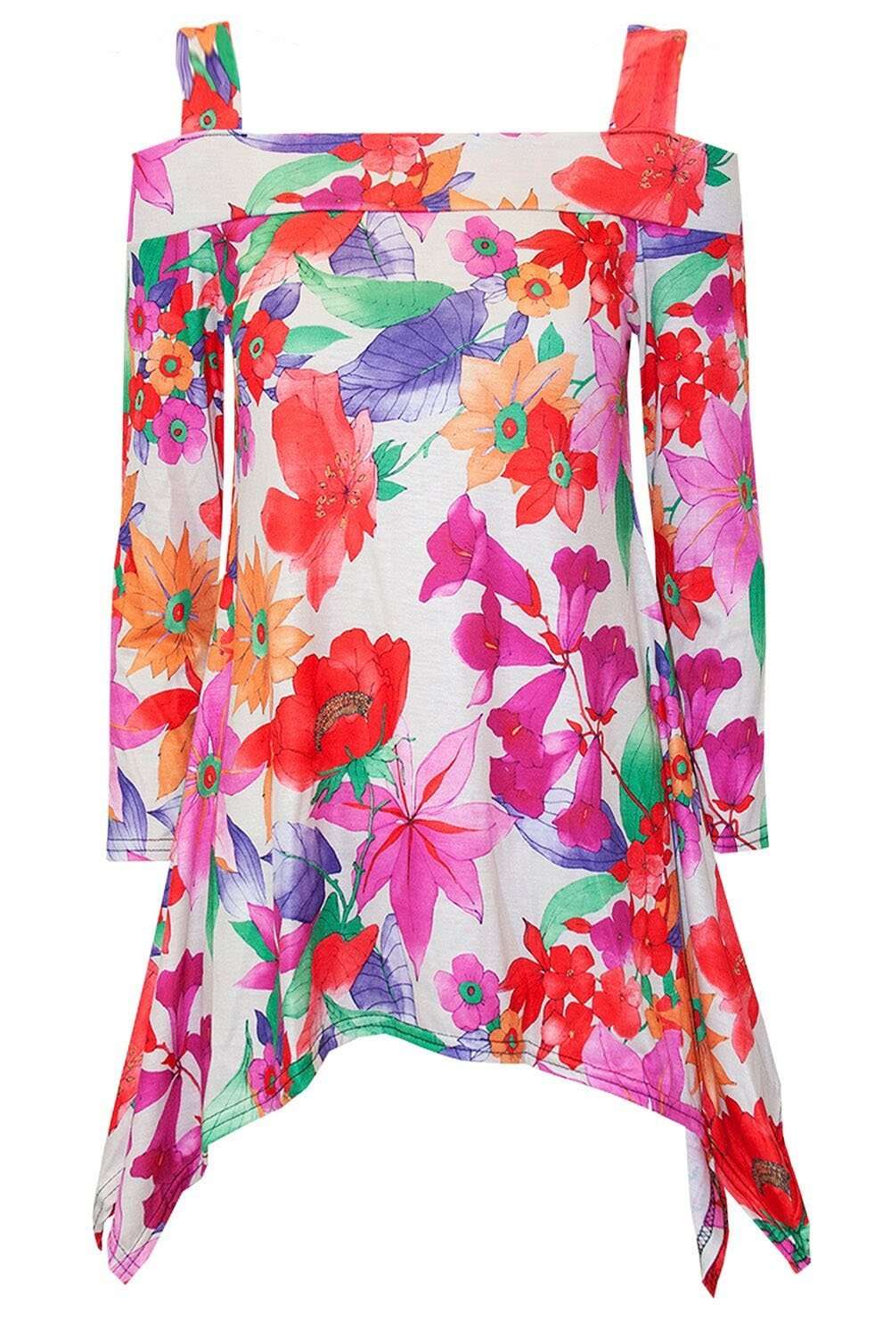 Blue Floral Hanky Hem Cold Shoulder Top - bejealous-com