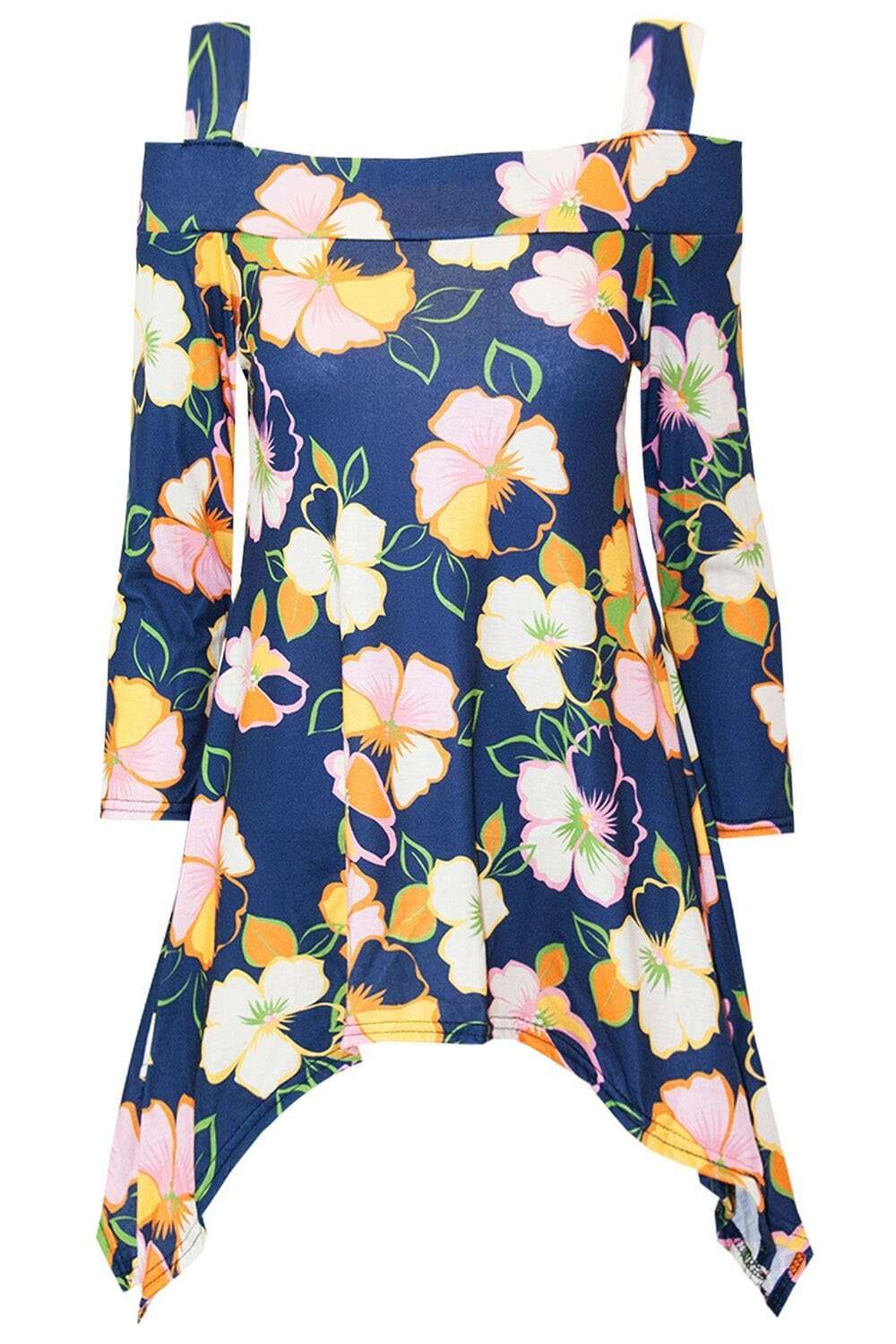 Blue Floral Hanky Hem Cold Shoulder Top - bejealous-com