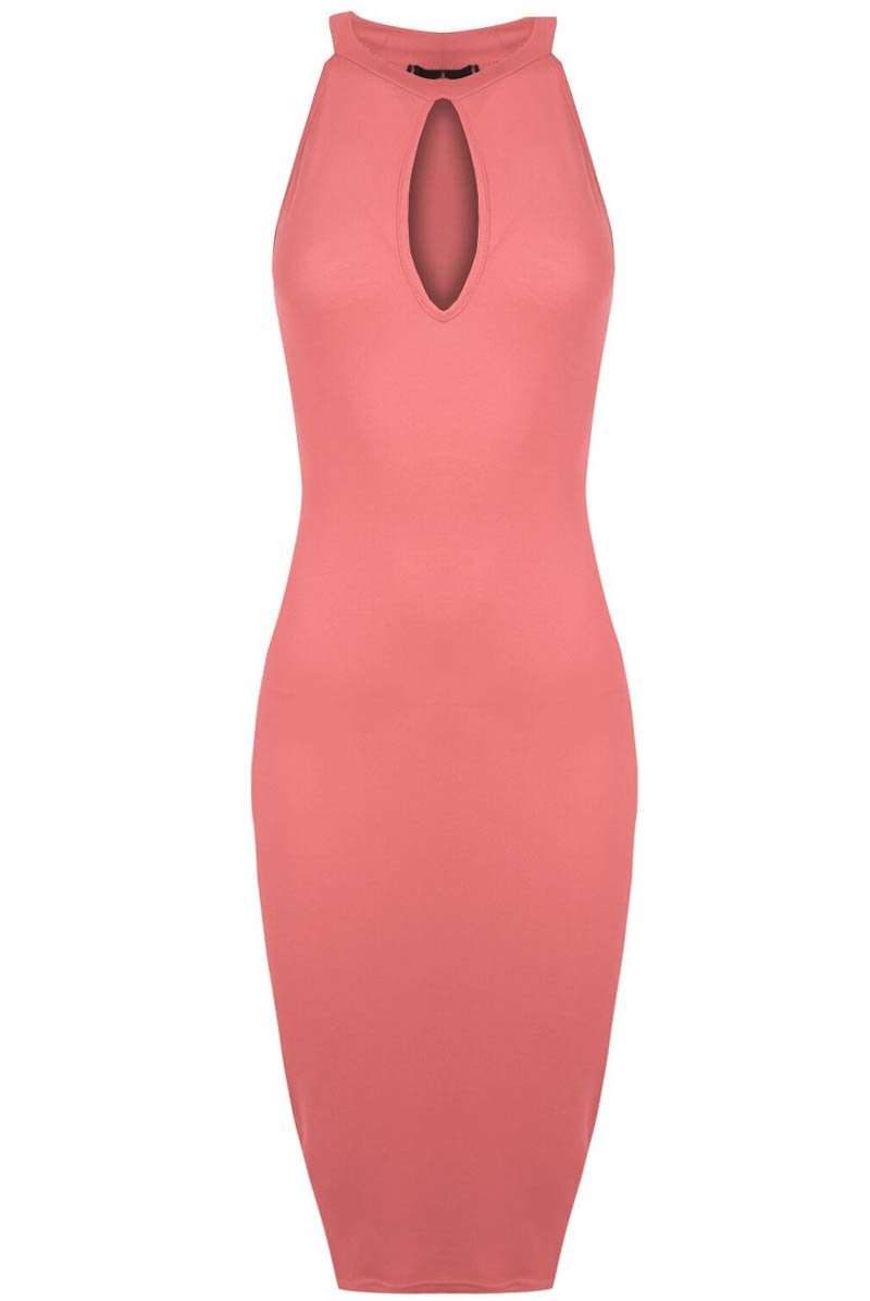 Blue Halterneck Keyhole Midi Bodycon Dress - bejealous-com