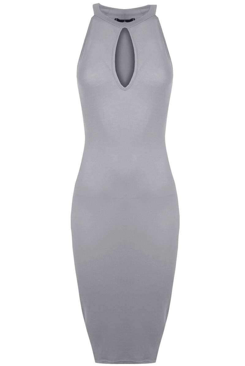 Blue Halterneck Keyhole Midi Bodycon Dress - bejealous-com