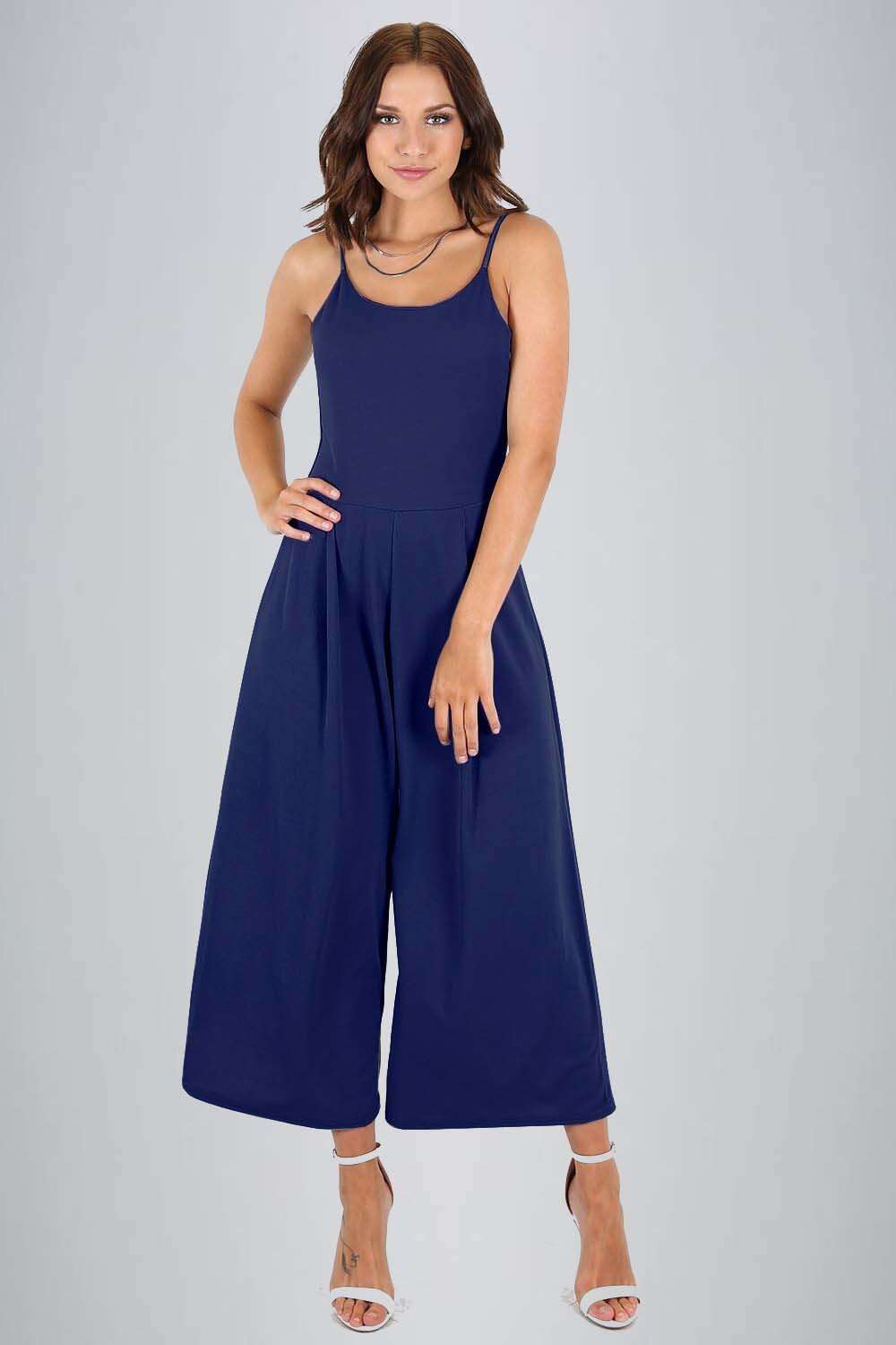 Blue Open Back Strappy Cropped Culotte Basic Jumpsuit - bejealous-com