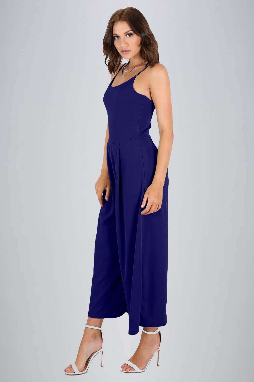 Blue Open Back Strappy Cropped Culotte Basic Jumpsuit - bejealous-com