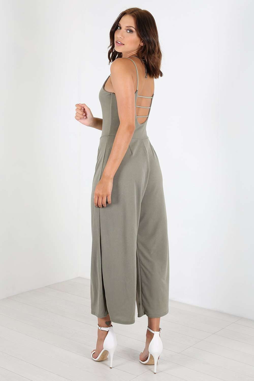 Blue Open Back Strappy Cropped Culotte Basic Jumpsuit - bejealous-com