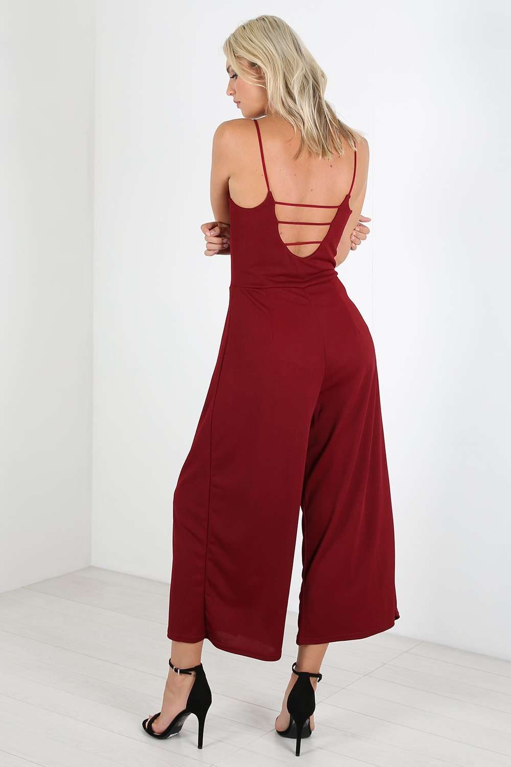 Blue Open Back Strappy Cropped Culotte Basic Jumpsuit - bejealous-com