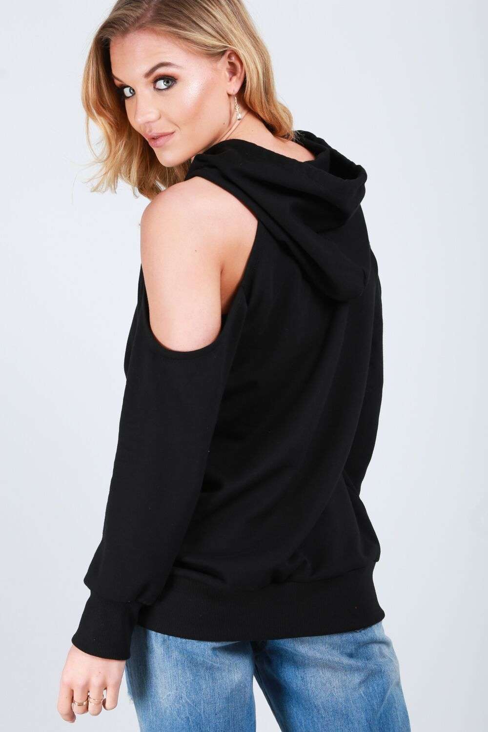 Brianna Cold Shoulder Slogan Print Hoodie - bejealous-com