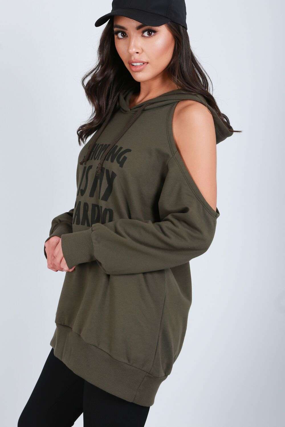Brianna Cold Shoulder Slogan Print Hoodie - bejealous-com