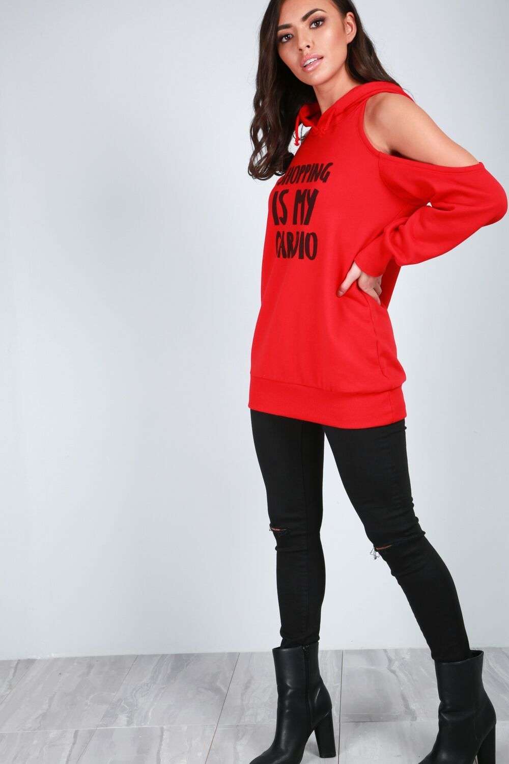 Brianna Cold Shoulder Slogan Print Hoodie - bejealous-com