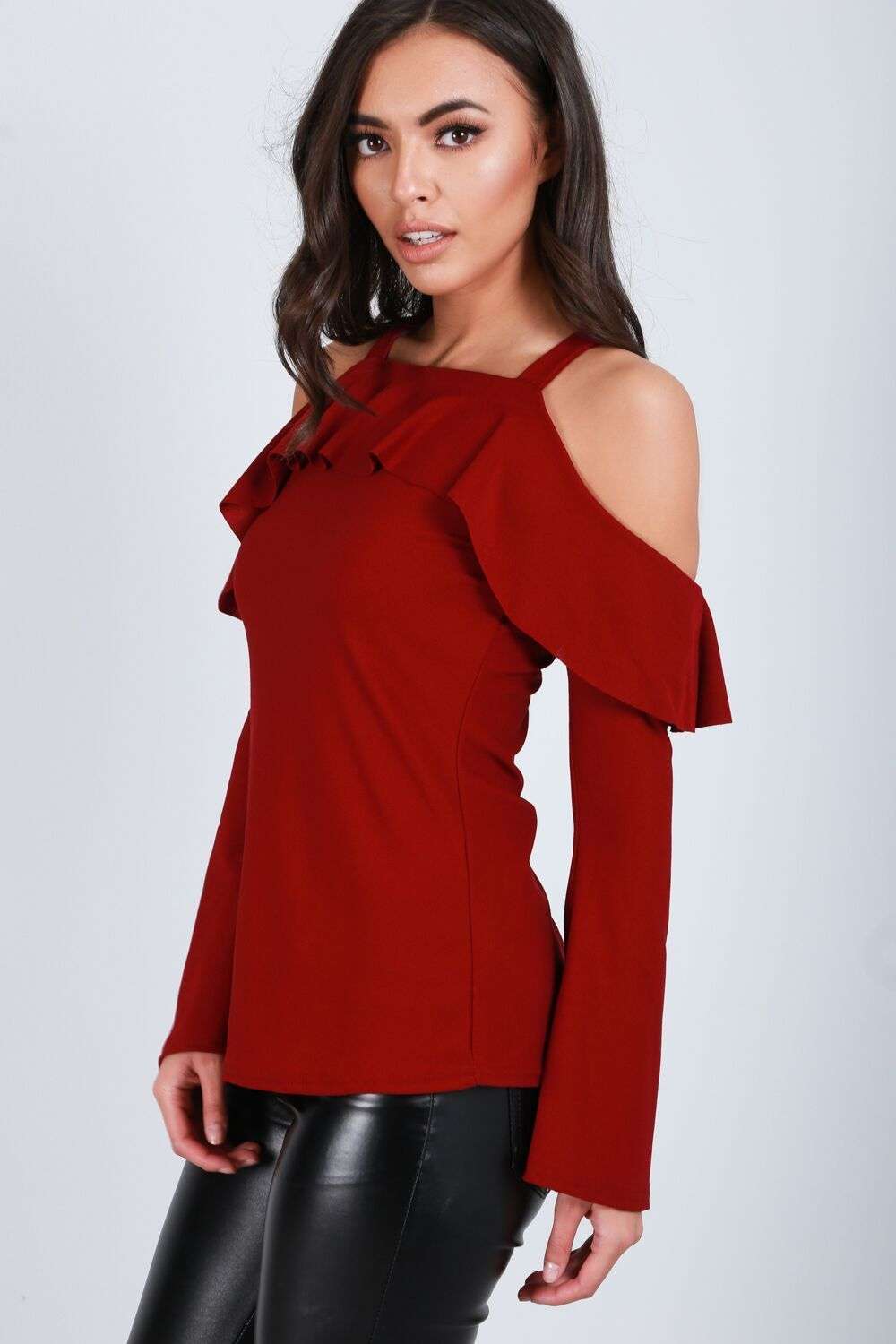 Brianne Cold Shoulder Flute Sleeve Frilly Top - bejealous-com