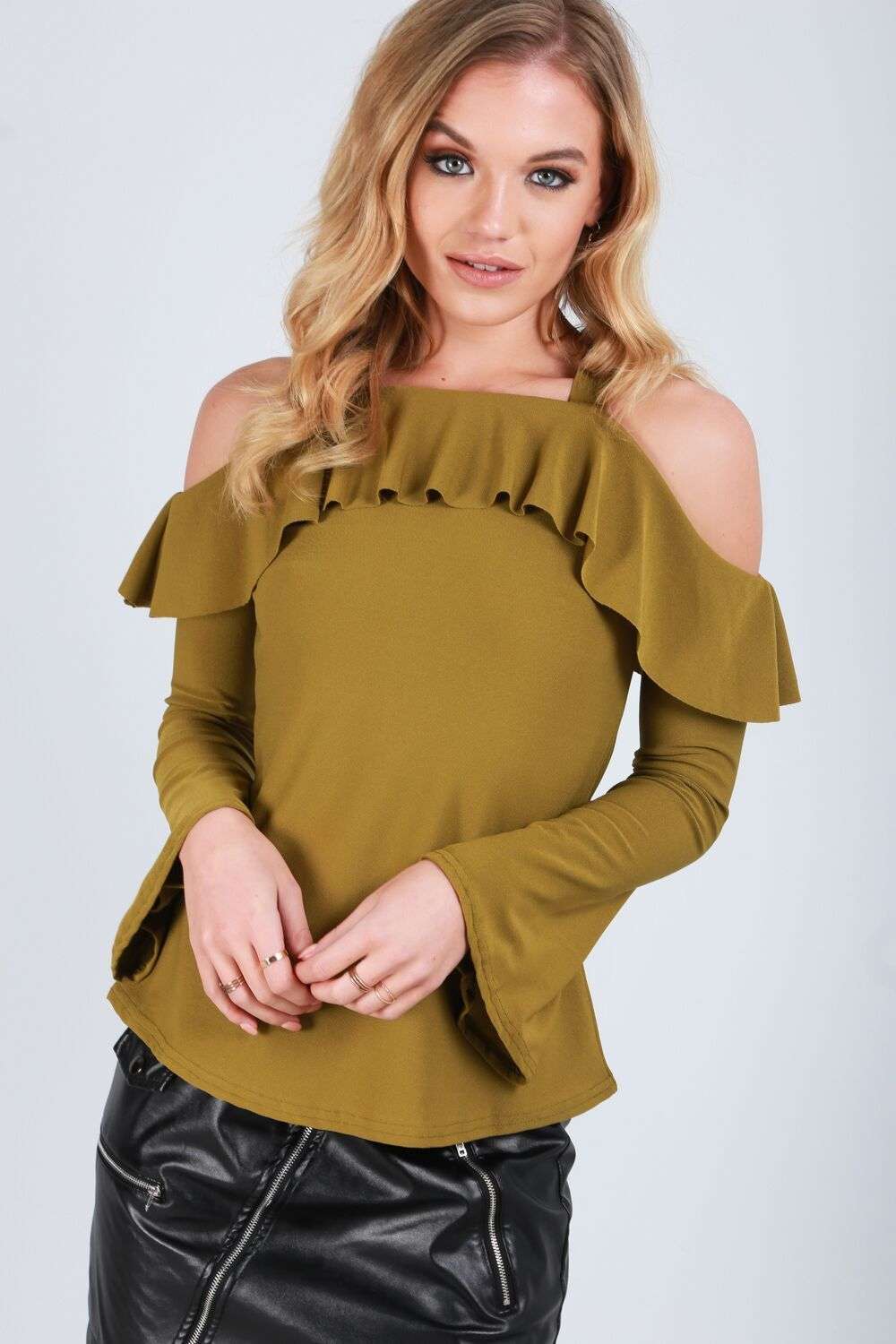 Cold Shoulder Flute Sleeve Frilly Top - bejealous-com