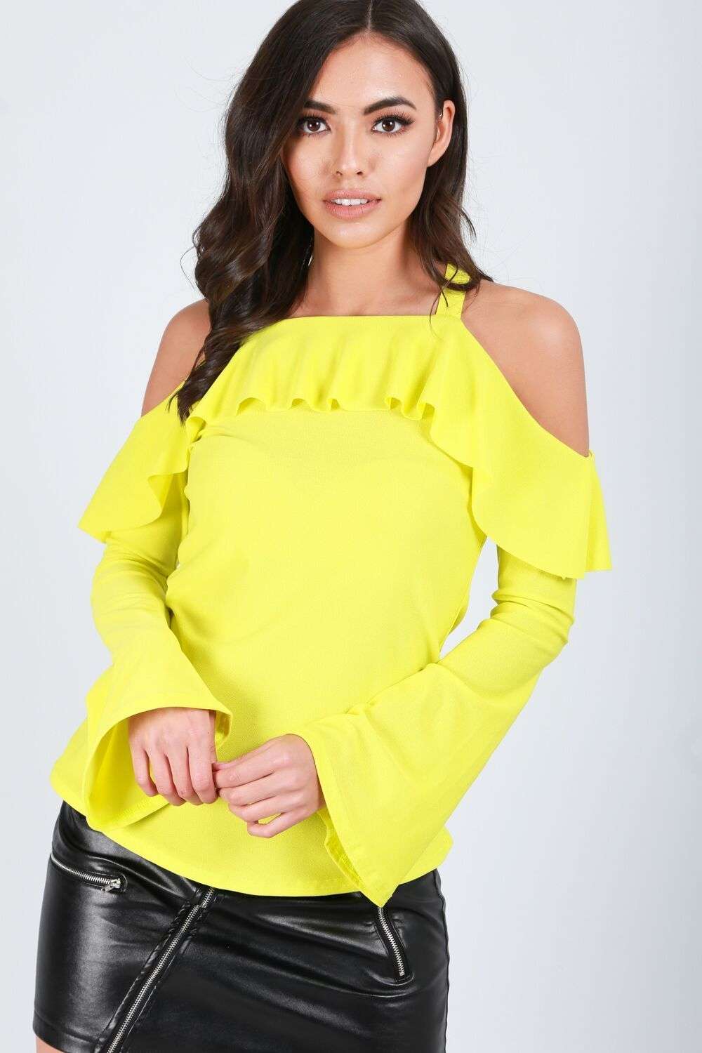 Cold Shoulder Flute Sleeve Frilly Top - bejealous-com
