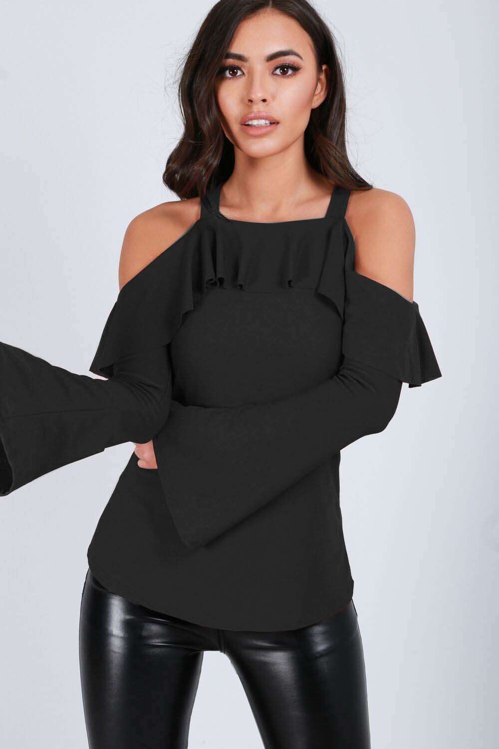 Cold Shoulder Flute Sleeve Frilly Top - bejealous-com