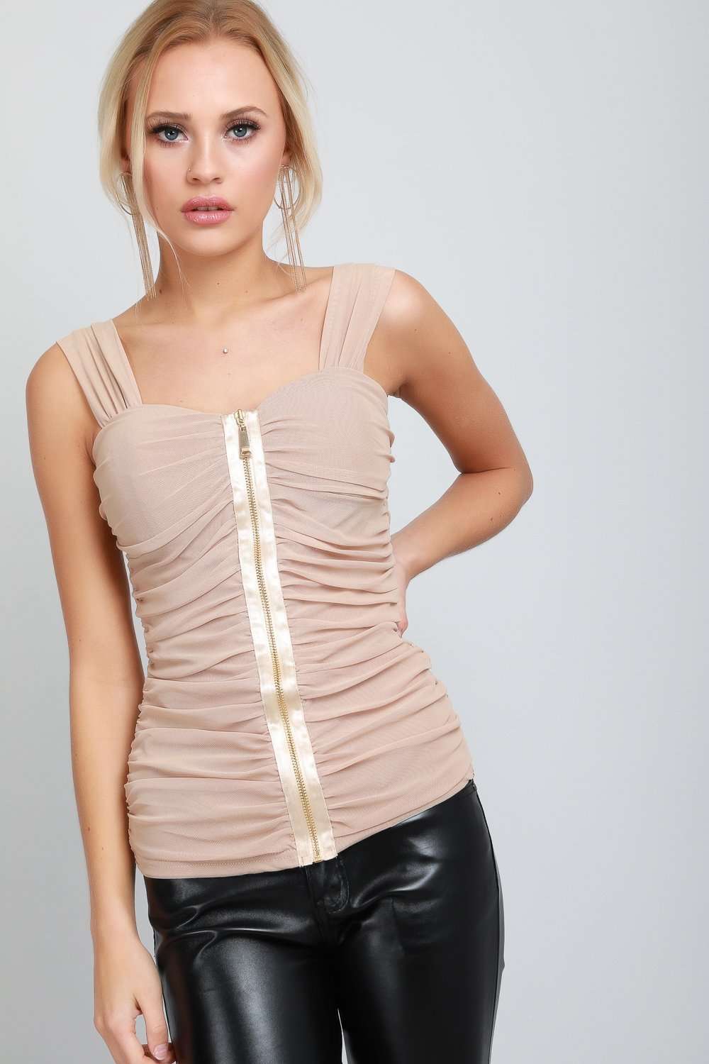 Brioni Zip Front Ruched Strappy Mesh Top - bejealous-com