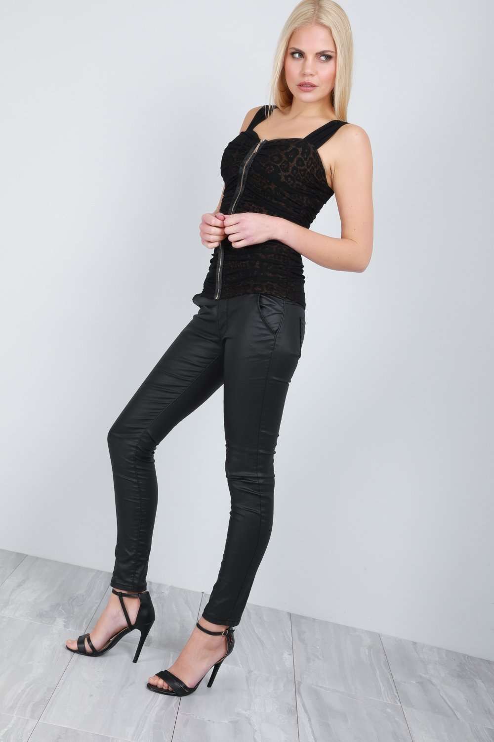 Brioni Zip Front Ruched Strappy Mesh Top - bejealous-com