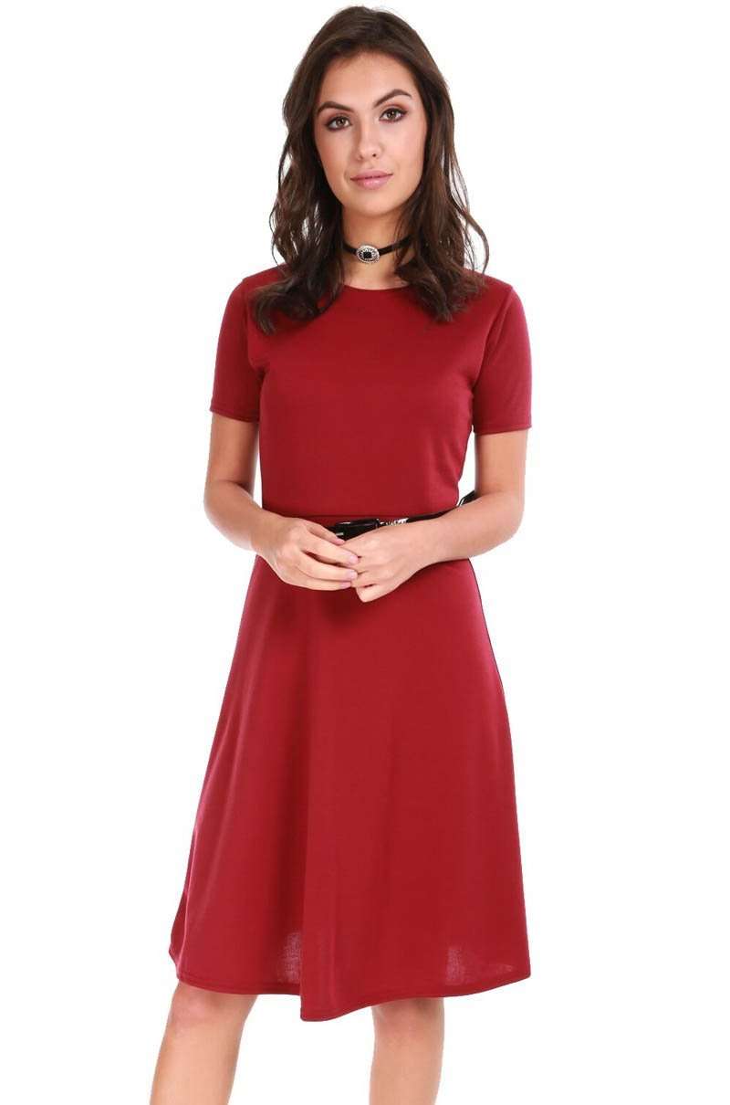 Burgundy Cap Sleeve Belted Midi Skater Dress - bejealous-com