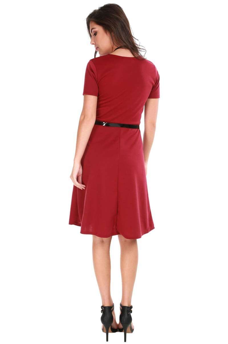 Burgundy Cap Sleeve Belted Midi Skater Dress - bejealous-com