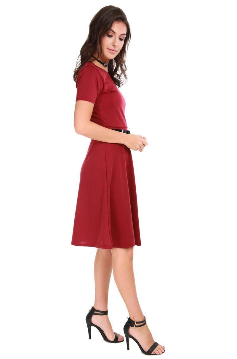 Burgundy Cap Sleeve Belted Midi Skater Dress - bejealous-com