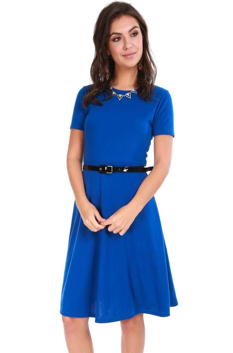 Burgundy Cap Sleeve Belted Midi Skater Dress - bejealous-com