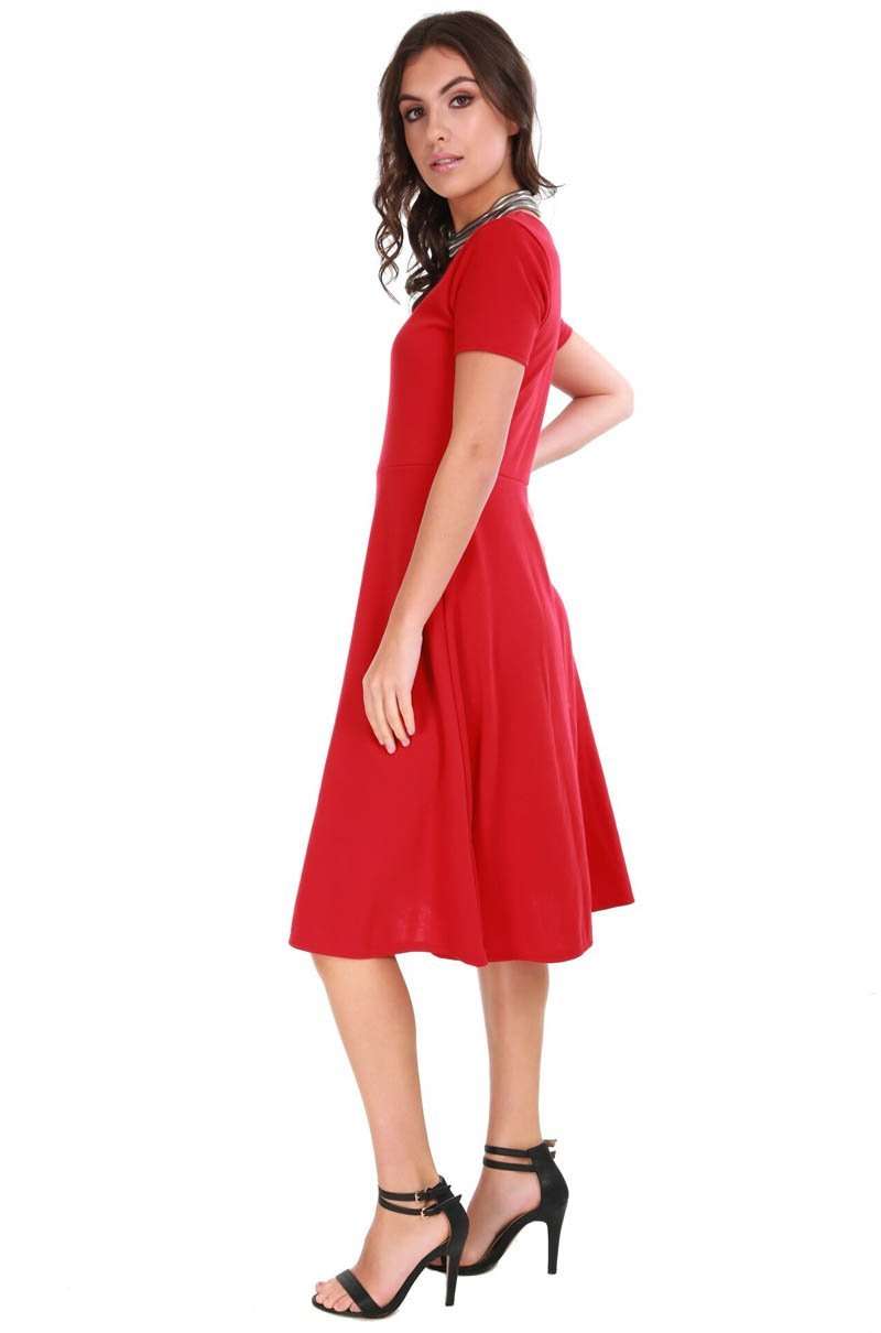 Burgundy Cap Sleeve Belted Midi Skater Dress - bejealous-com