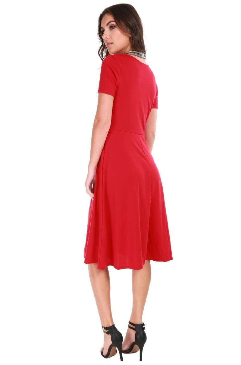 Burgundy Cap Sleeve Belted Midi Skater Dress - bejealous-com