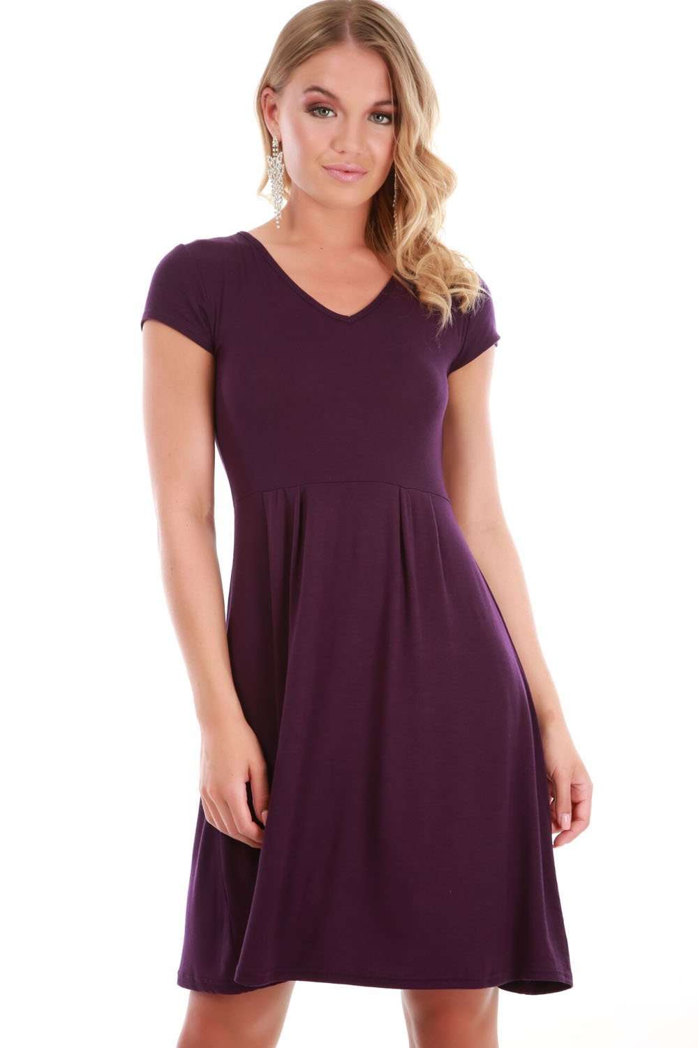 Cadie V Neck Basic Jersey Mini Swing Dress - bejealous-com