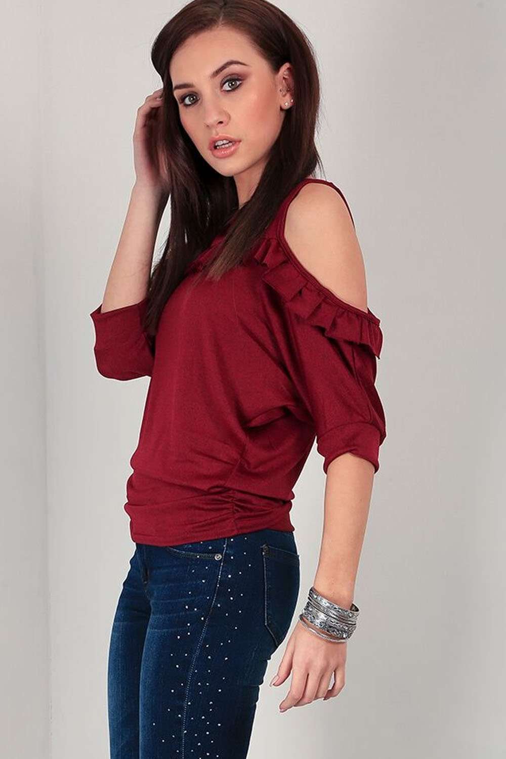 Callie Cold Shoulder Frilly Ruched Top - bejealous-com
