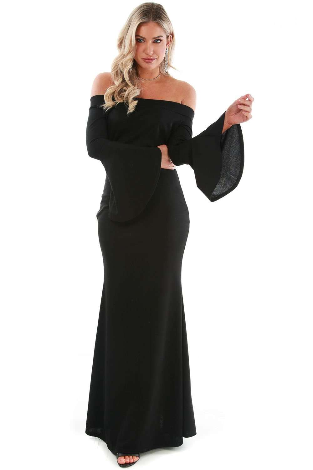 Callie Flare Sleeve Bardot Fishtail Maxi Dress - bejealous-com