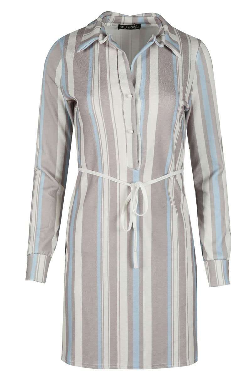 Callie Long Sleeve Striped Belted Shirt Dress - bejealous-com