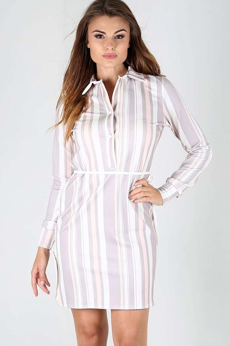 Callie Long Sleeve Striped Belted Shirt Dress - bejealous-com