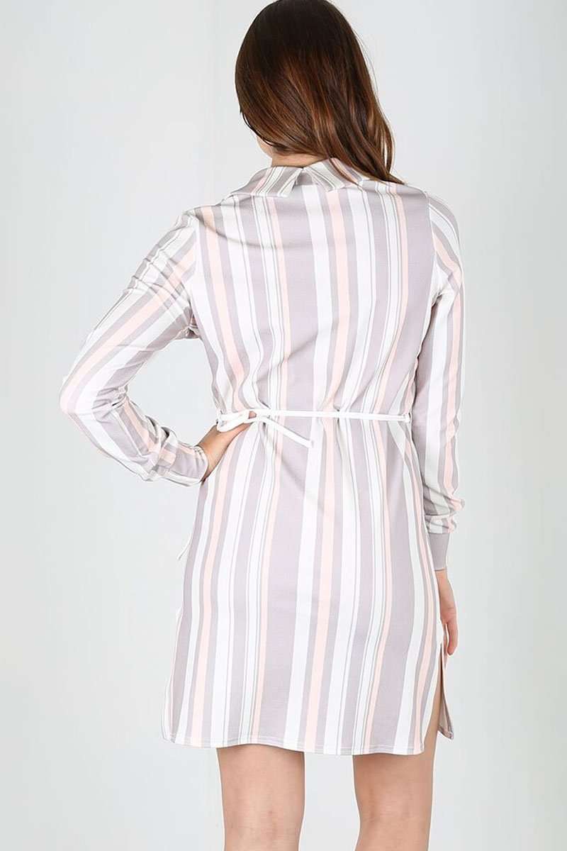 Callie Long Sleeve Striped Belted Shirt Dress - bejealous-com