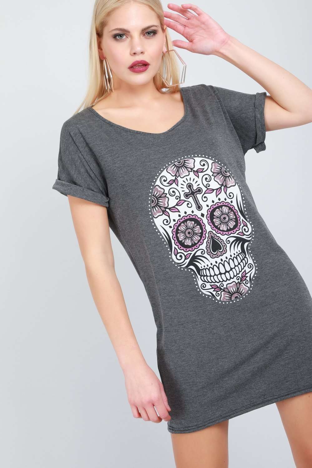 Candy Skull Print Roll Sleeve T-shirt Dress - bejealous-com