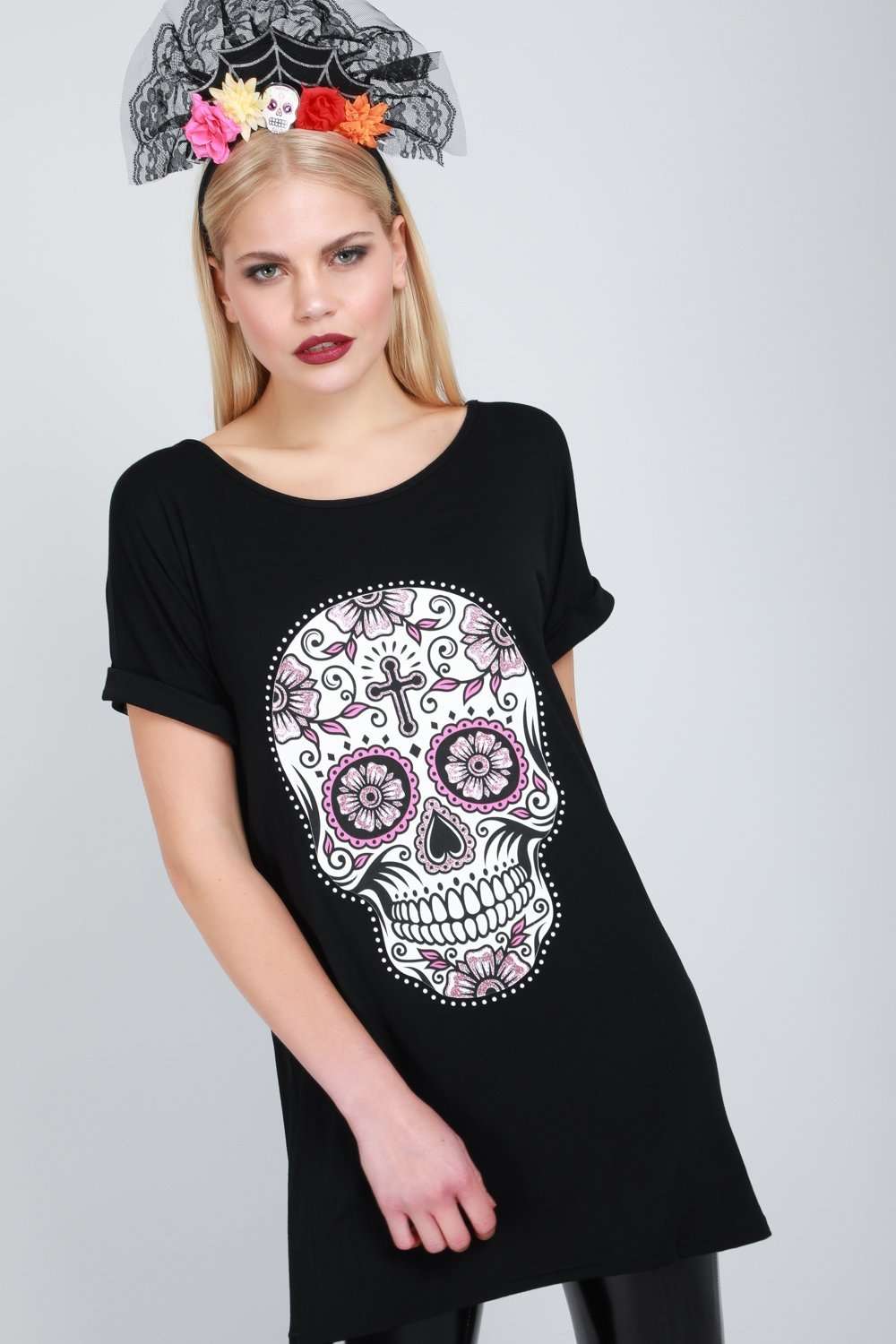 Candy Skull Print Roll Sleeve T-shirt Dress - bejealous-com