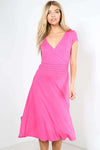 Cap Sleeve Vneck Pink Pleated Midi Swing Dress - bejealous-com