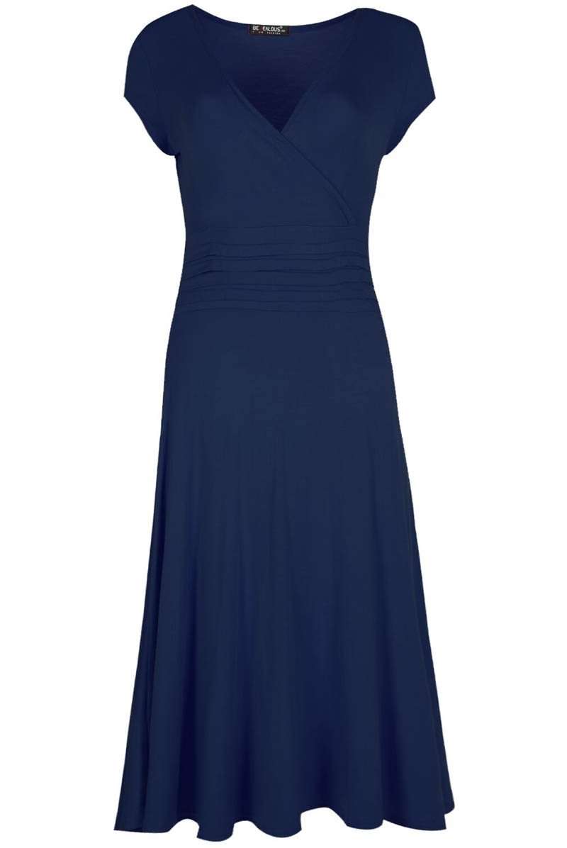 Cap Sleeve Vneck Pink Pleated Midi Swing Dress - bejealous-com