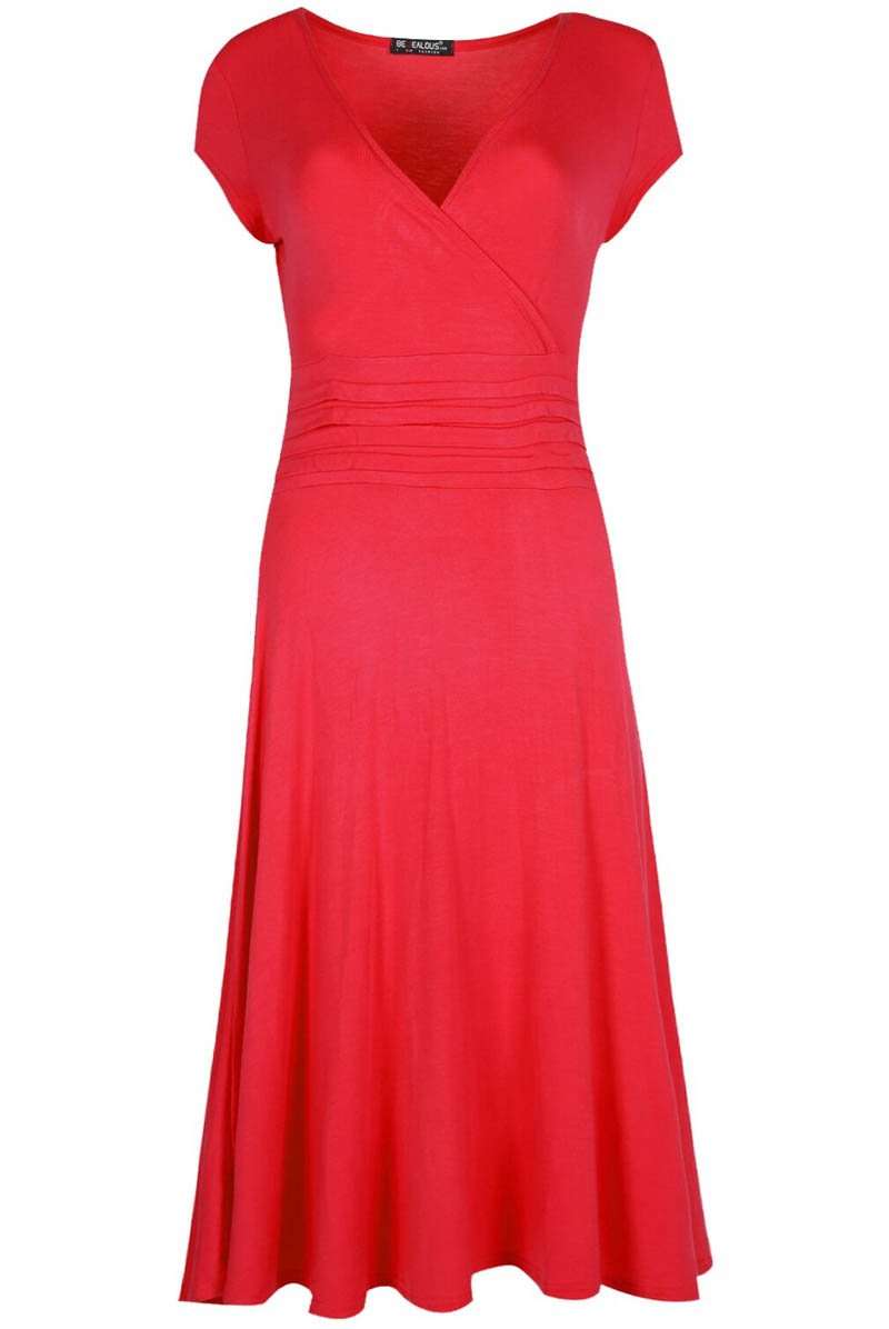Cap Sleeve Vneck Pink Pleated Midi Swing Dress - bejealous-com