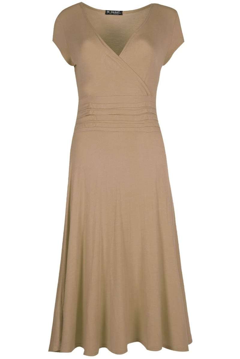 Cap Sleeve Vneck Pink Pleated Midi Swing Dress - bejealous-com