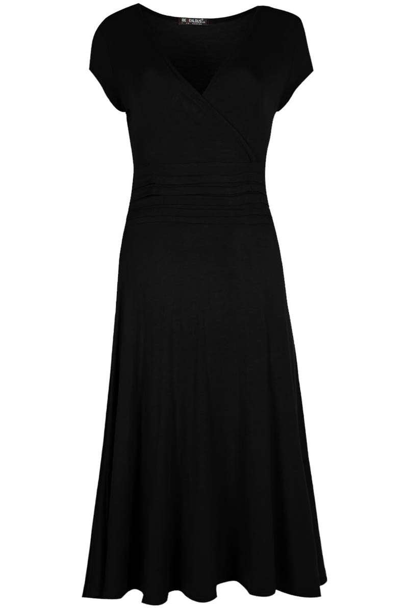 Cap Sleeve Vneck Pink Pleated Midi Swing Dress - bejealous-com
