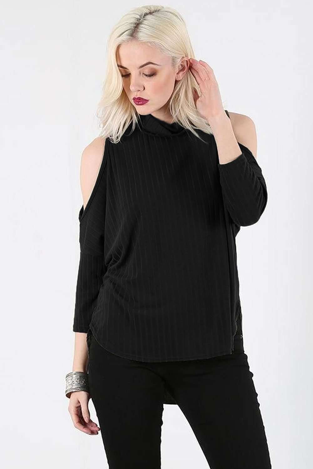 Cara Cropped Sleeve Cold Shoulder Ribbed Top - bejealous-com