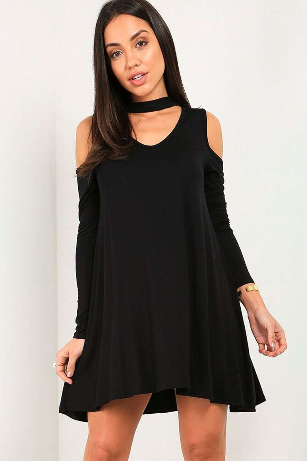 Carleen Cold Shoulder Choker Neck Swing Dress - bejealous-com