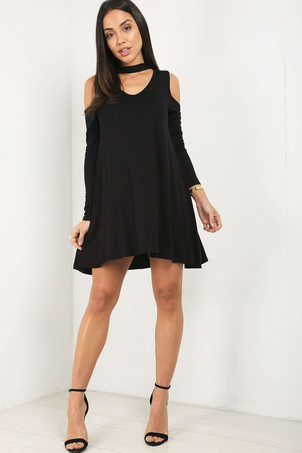 Carleen Cold Shoulder Choker Neck Swing Dress - bejealous-com