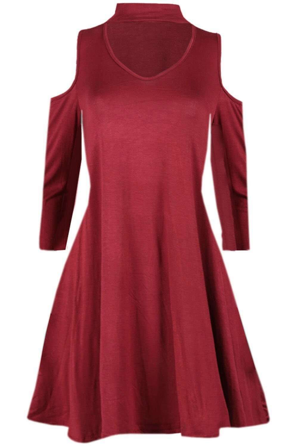 Carleen Cold Shoulder Choker Neck Swing Dress - bejealous-com
