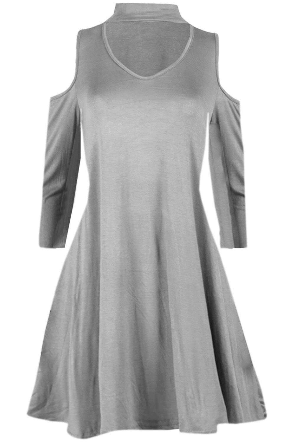 Carleen Cold Shoulder Choker Neck Swing Dress - bejealous-com
