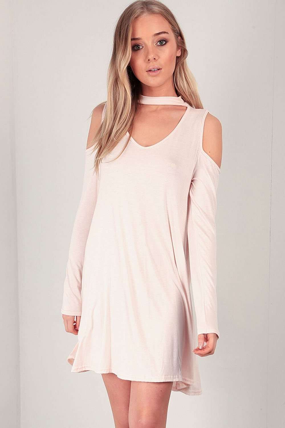 Carleen Cold Shoulder Choker Neck Swing Dress - bejealous-com