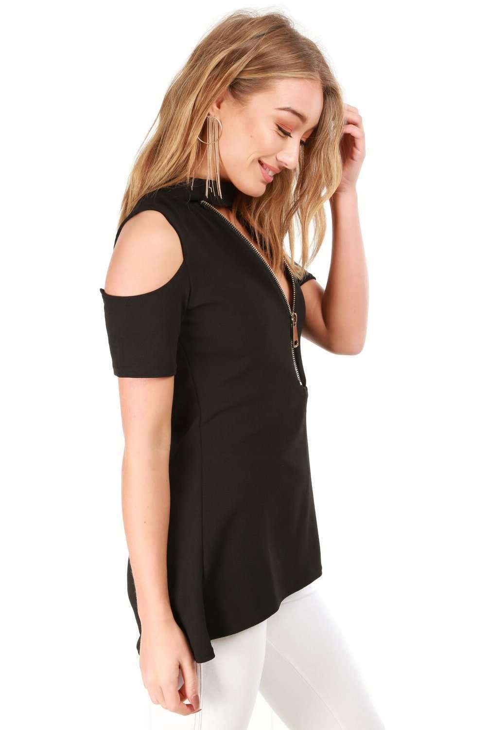 Carly Cold Shoulder Choker Neck Dip Hem Top - bejealous-com